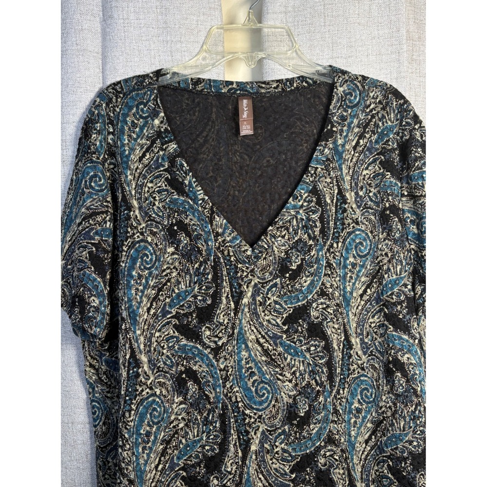 White Stag Womens XL Blue Black Paisley V-Neck Short Sleeve Stretch Top Blouse
